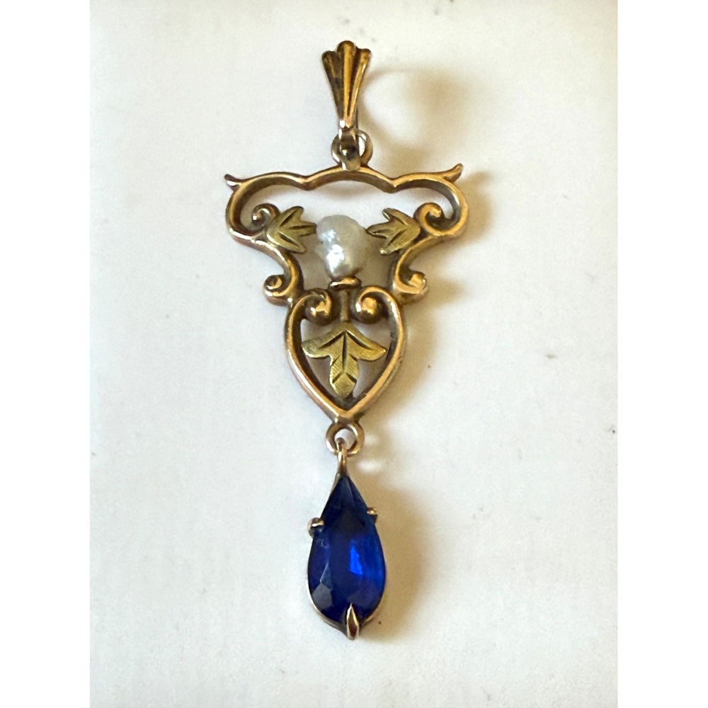 10K Gold Seed Pearl Faux Blue Sapphire Glass Art Nouveau Pendant 1.5"